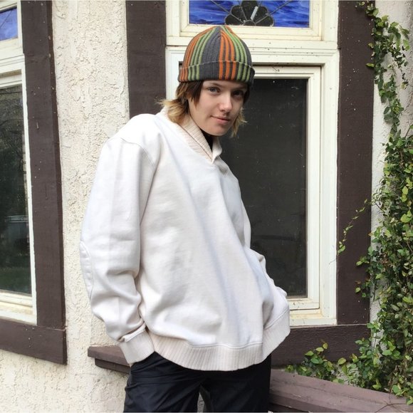 Club room Mens sweatshirt crew neck XL off white shawl knit collar elbow patch - Picture 2 of 12